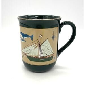 Otagiri Mug Blue Ship Sailboat Anchor Whale Nautical Gold Trim Japan
